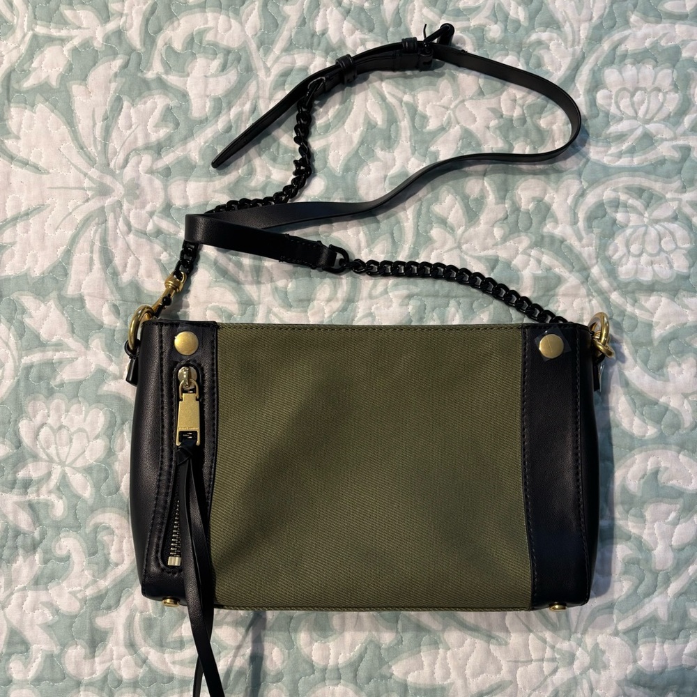 NWOT Rebecca Minkoff Black Leather and Green Canvas Crossbody Bag